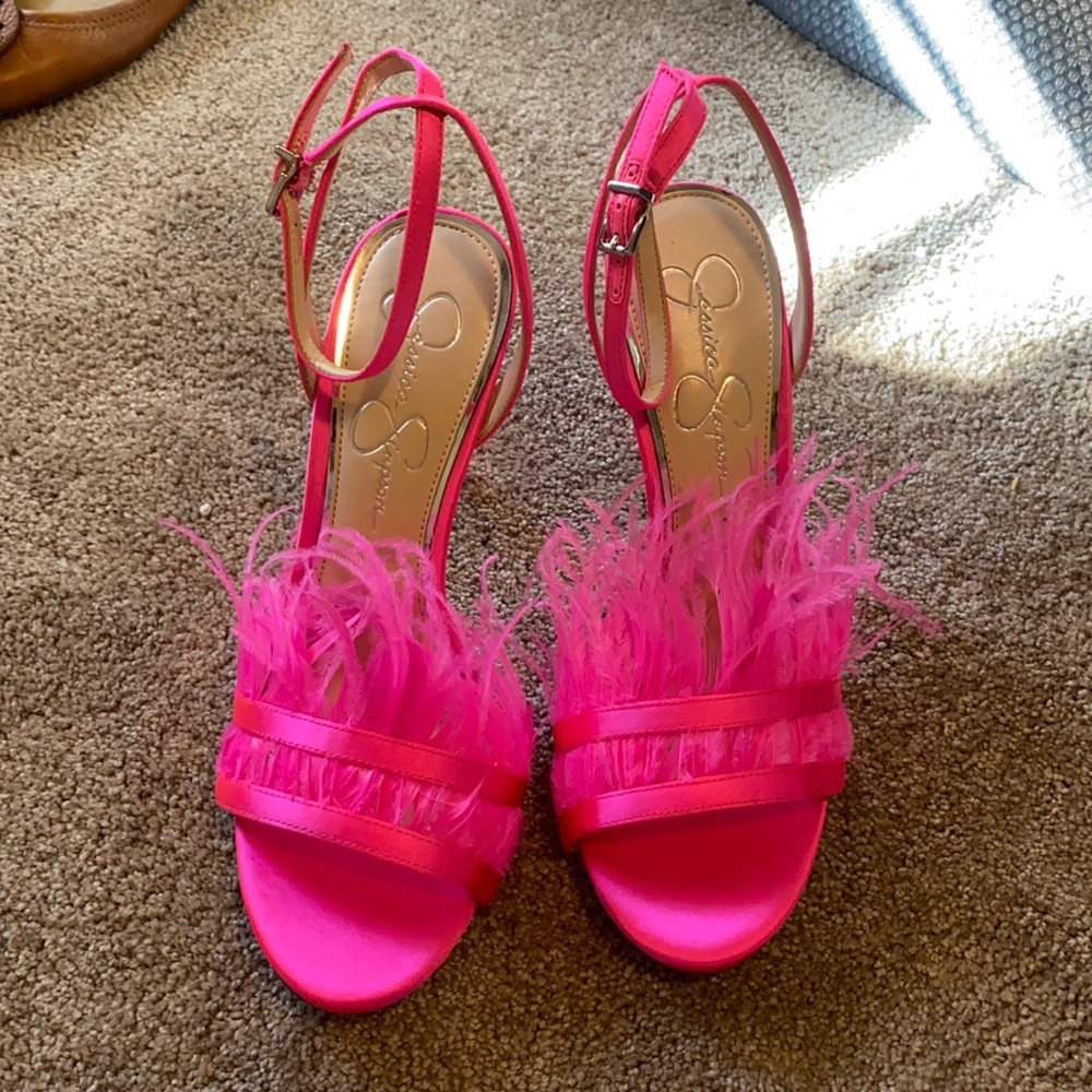 Neon pink feather heels